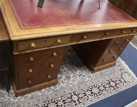 A Victorian light oak pedestal partners desk W.152cm
